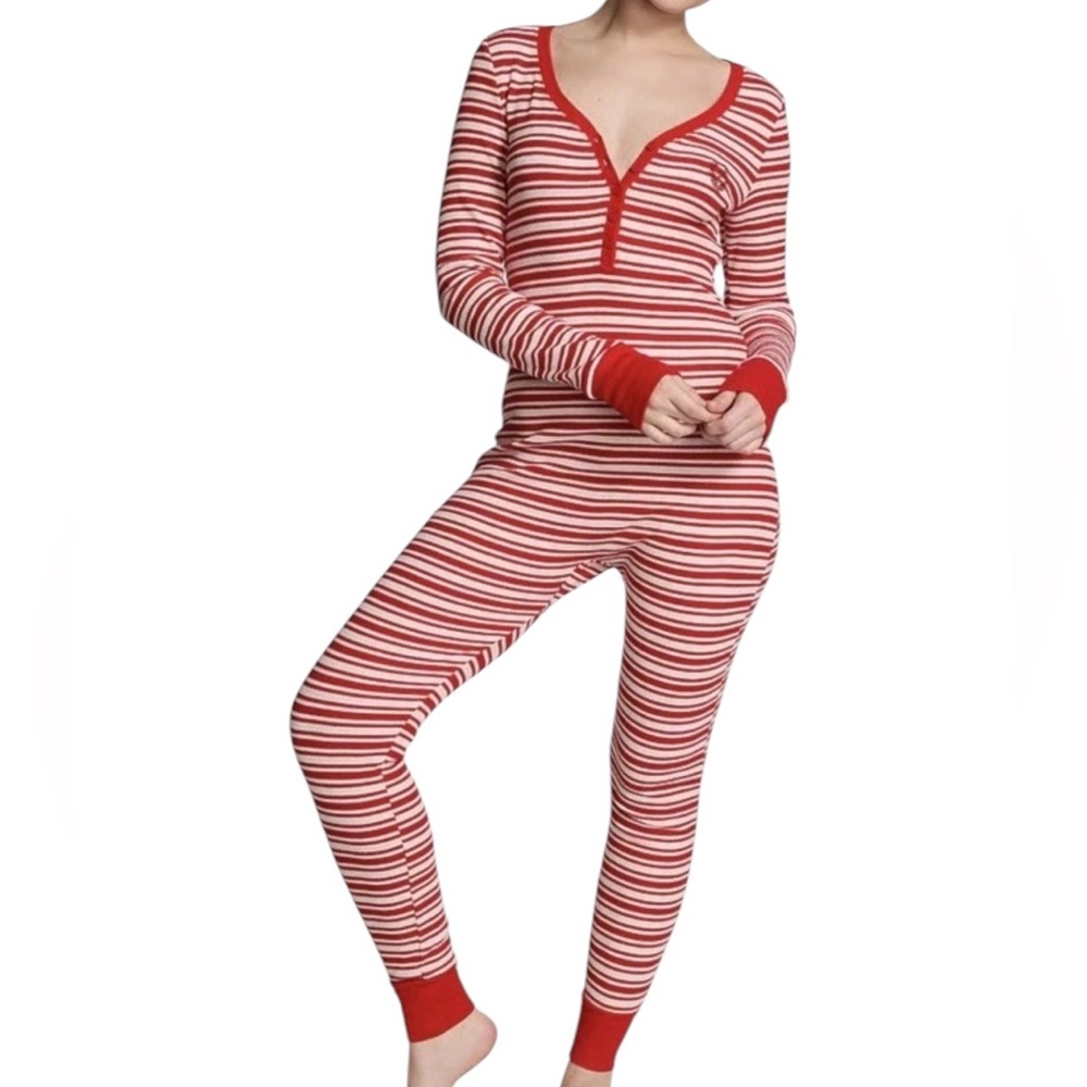 Victoria's Secret PINK Red White Stripes Thermal One Piece Holiday Pajamas XL‎